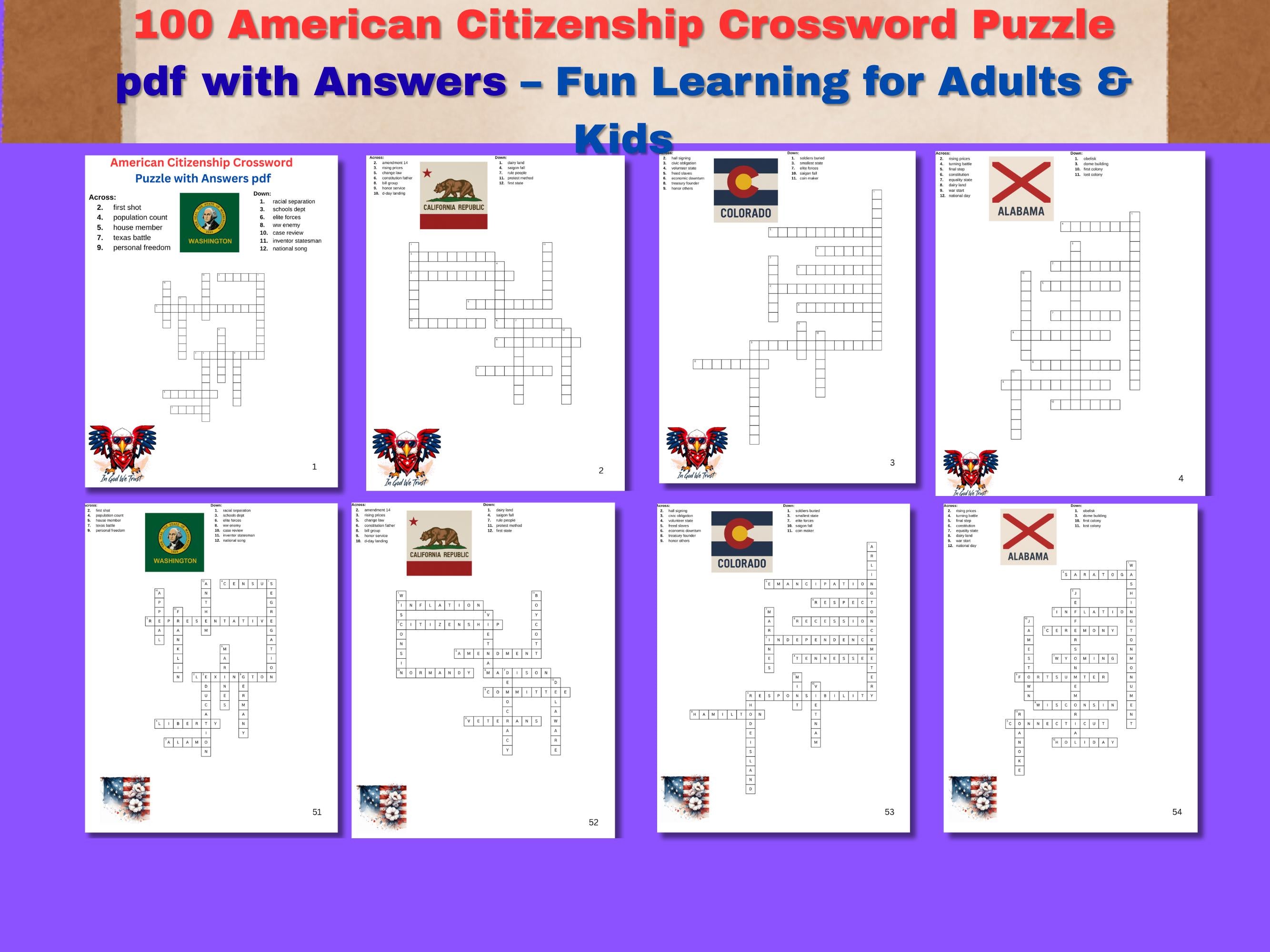 100 American Citizenship Crossword Puzzle with Answers pdf – Fun Learning for Adults & Kids