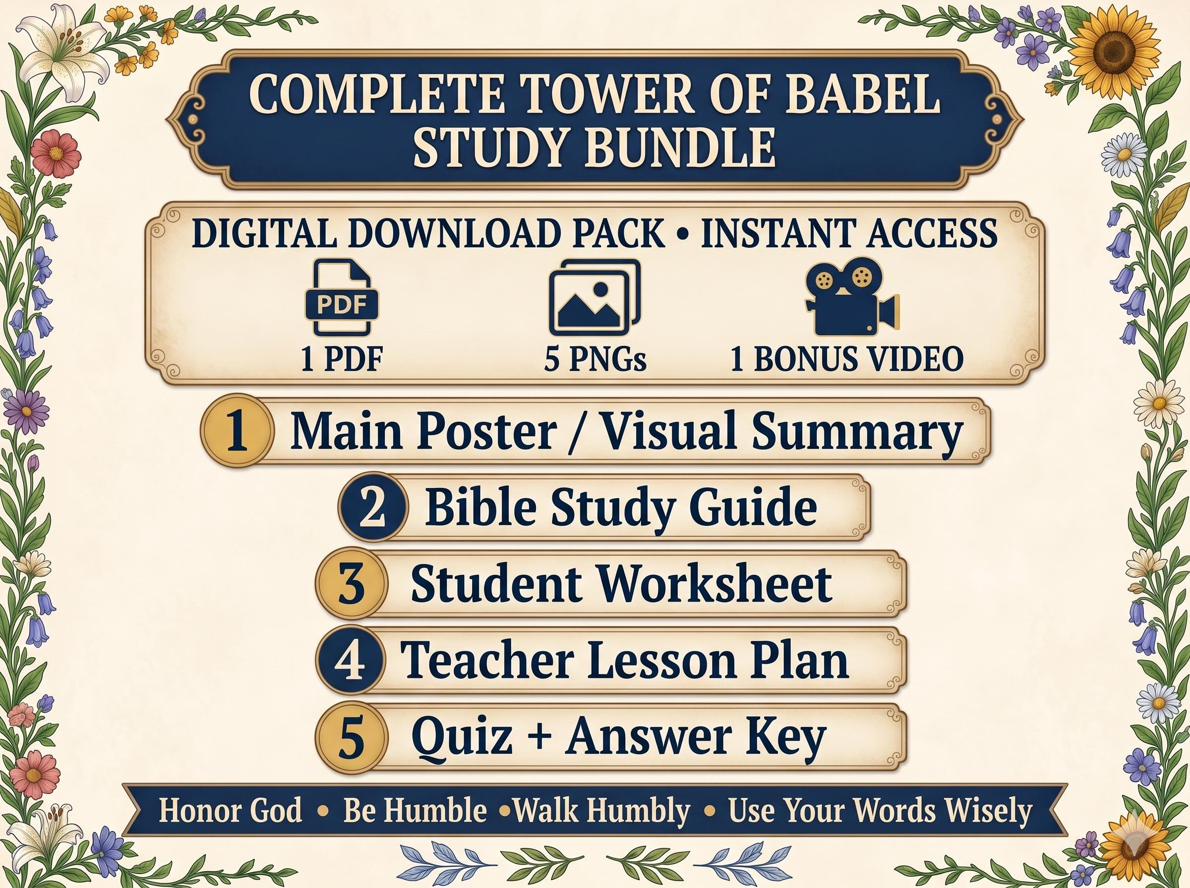 Tower of Babel Bible Study Bundle, Poster, Lesson, Guide (PDF, PNG, MP4 Downloads)