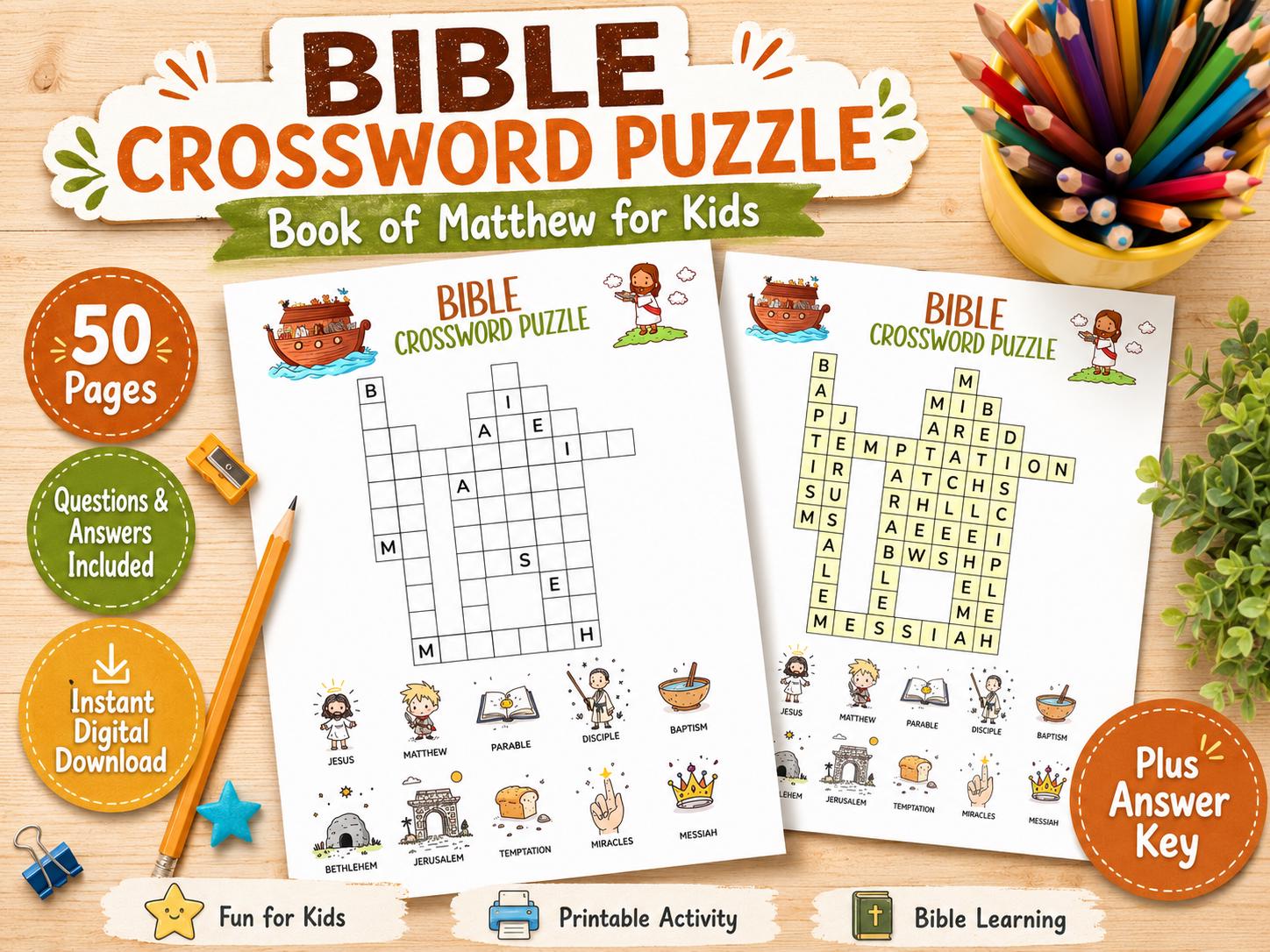 Book of Matthew Crossword Puzzle for Kids, 50 PDF Downloads, Questions and Answers Included