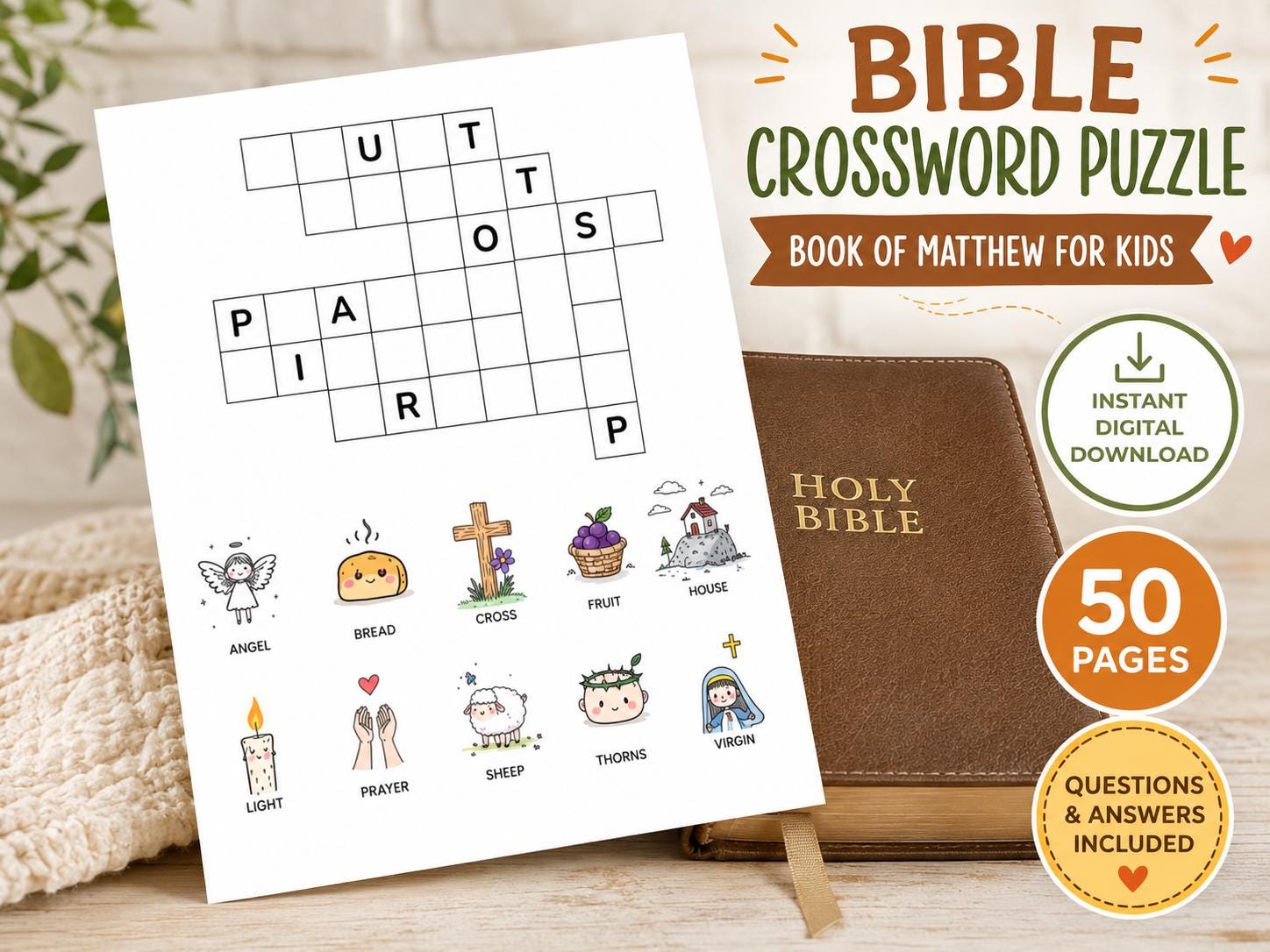 Book of Matthew Crossword Puzzle for Kids, 50 PDF Downloads, Questions and Answers Included