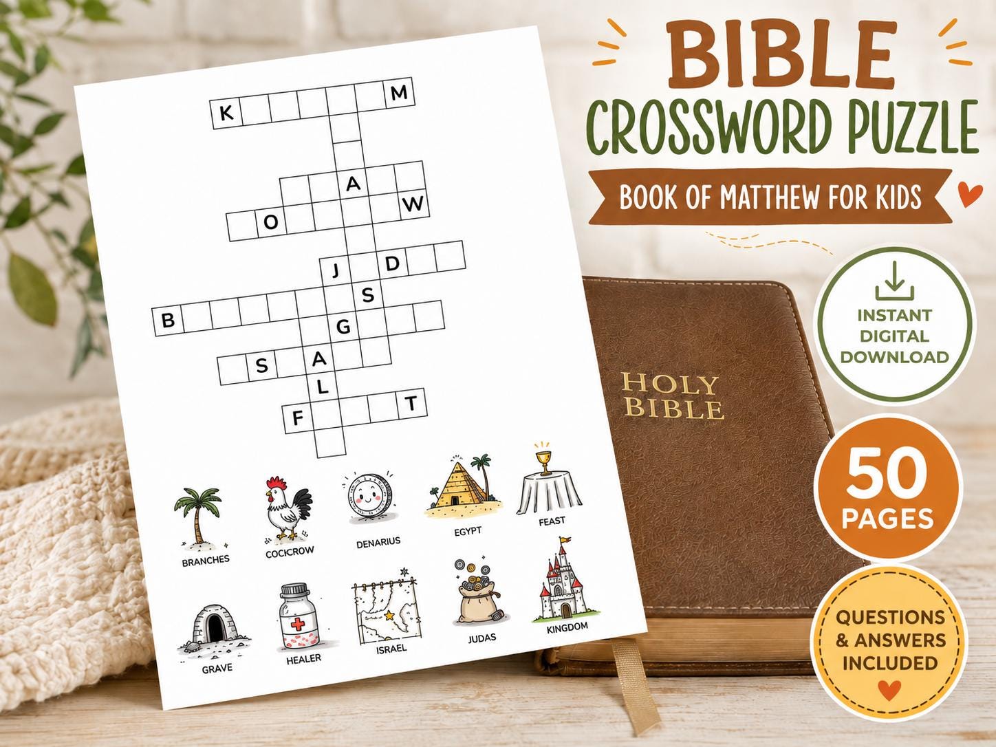 Book of Matthew Crossword Puzzle for Kids, 50 PDF Downloads, Questions and Answers Included