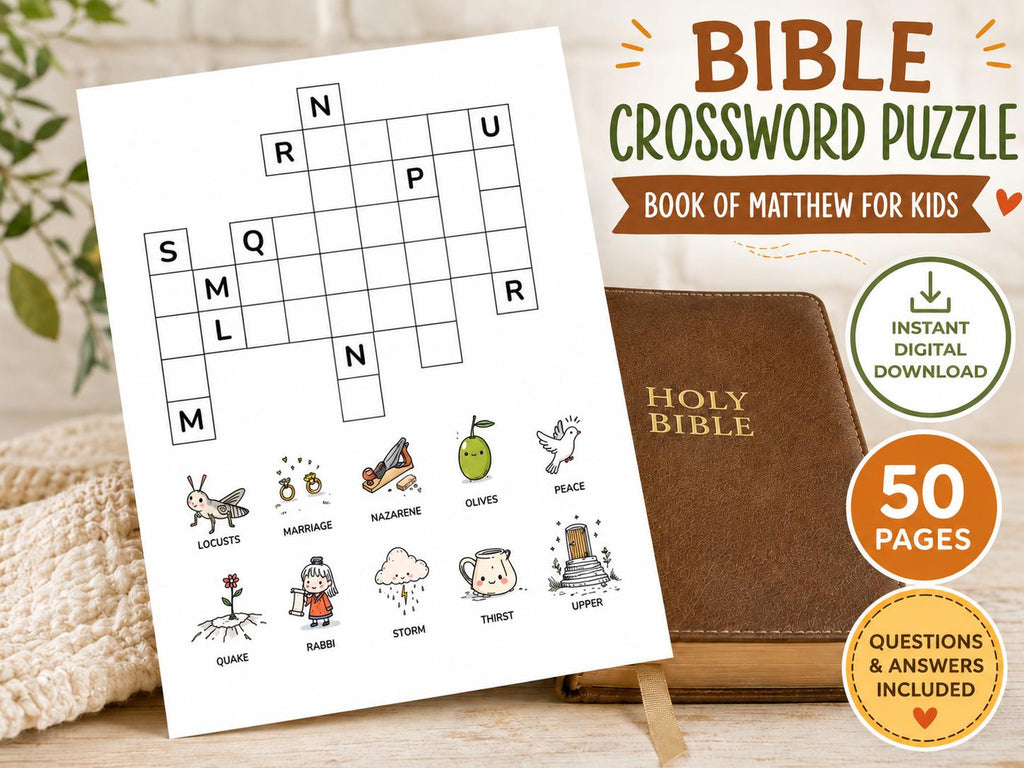 Book of Matthew Crossword Puzzle for Kids, 50 PDF Downloads, Questions and Answers Included