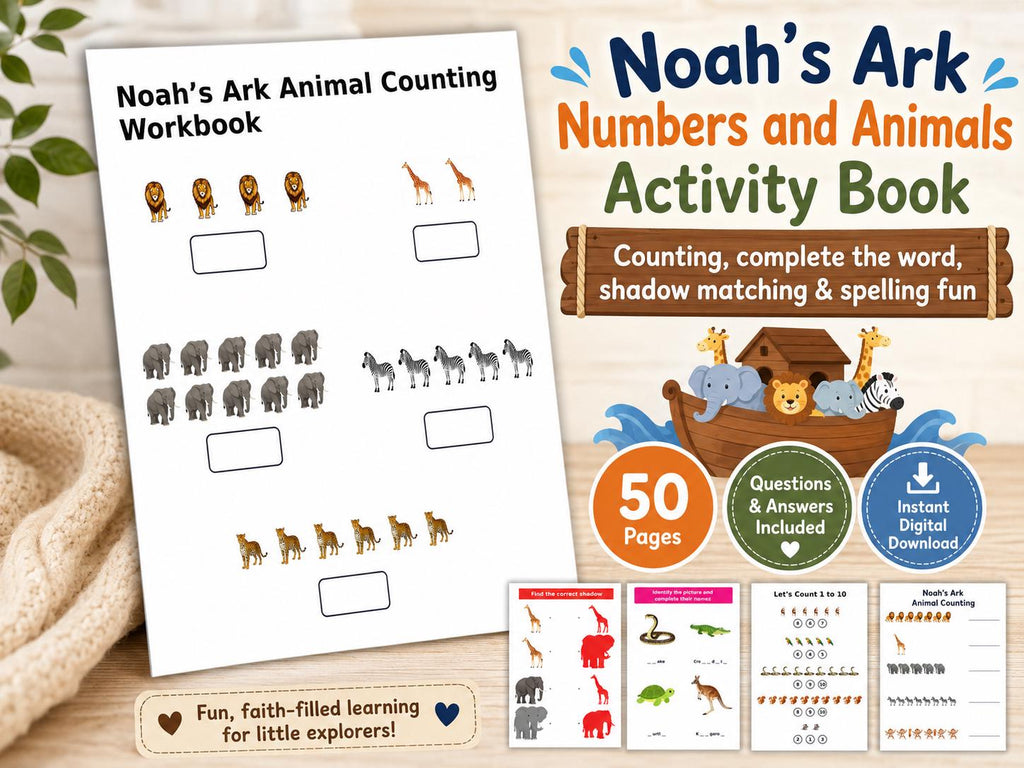 Noah’s Ark Numbers and Animals Activity Book for Kids, (50 PDF Downloads. Questions and Answers included)