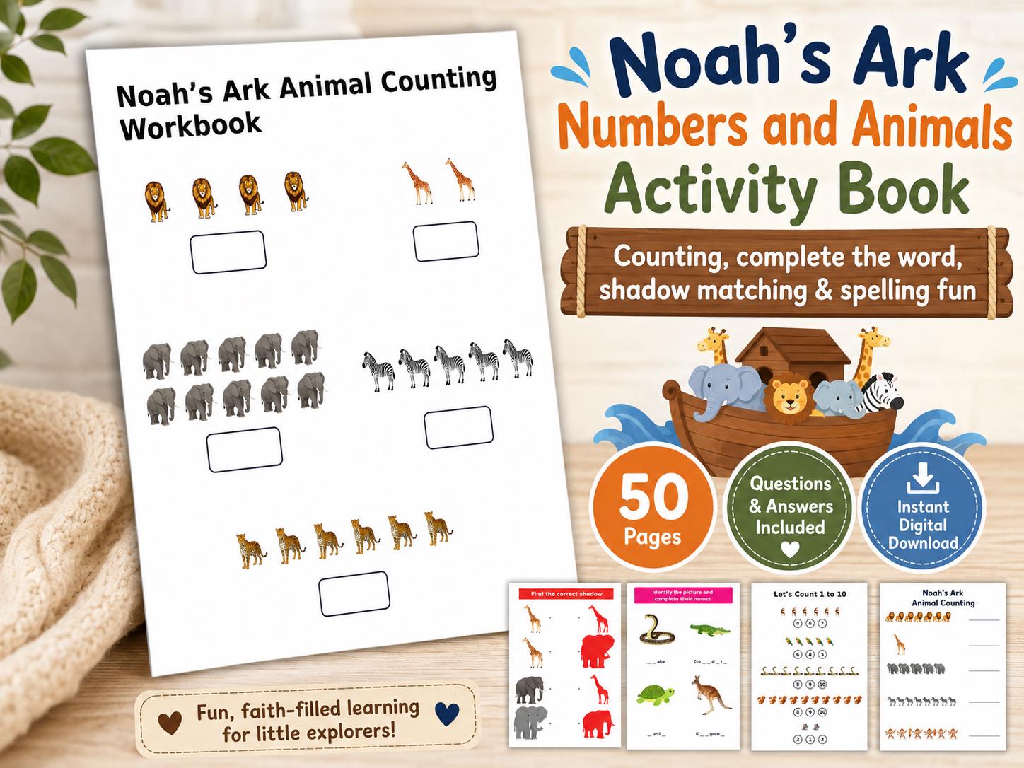 Noah’s Ark Numbers and Animals Activity Book for Kids, (50 PDF Downloads. Questions and Answers included)