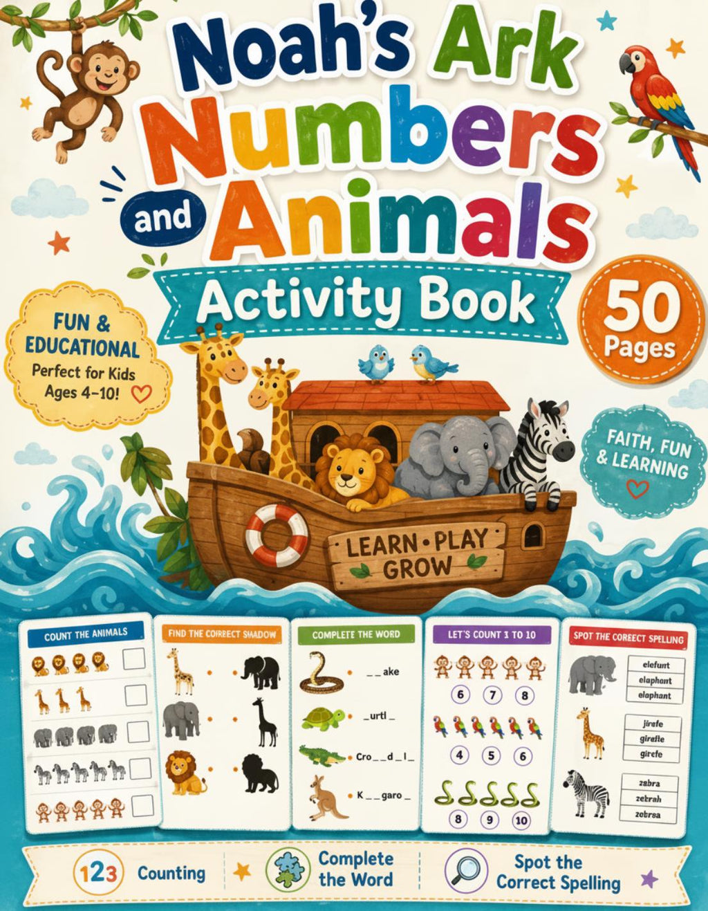 Noah’s Ark Numbers and Animals Activity Book for Kids, (50 PDF Downloads. Questions and Answers included)