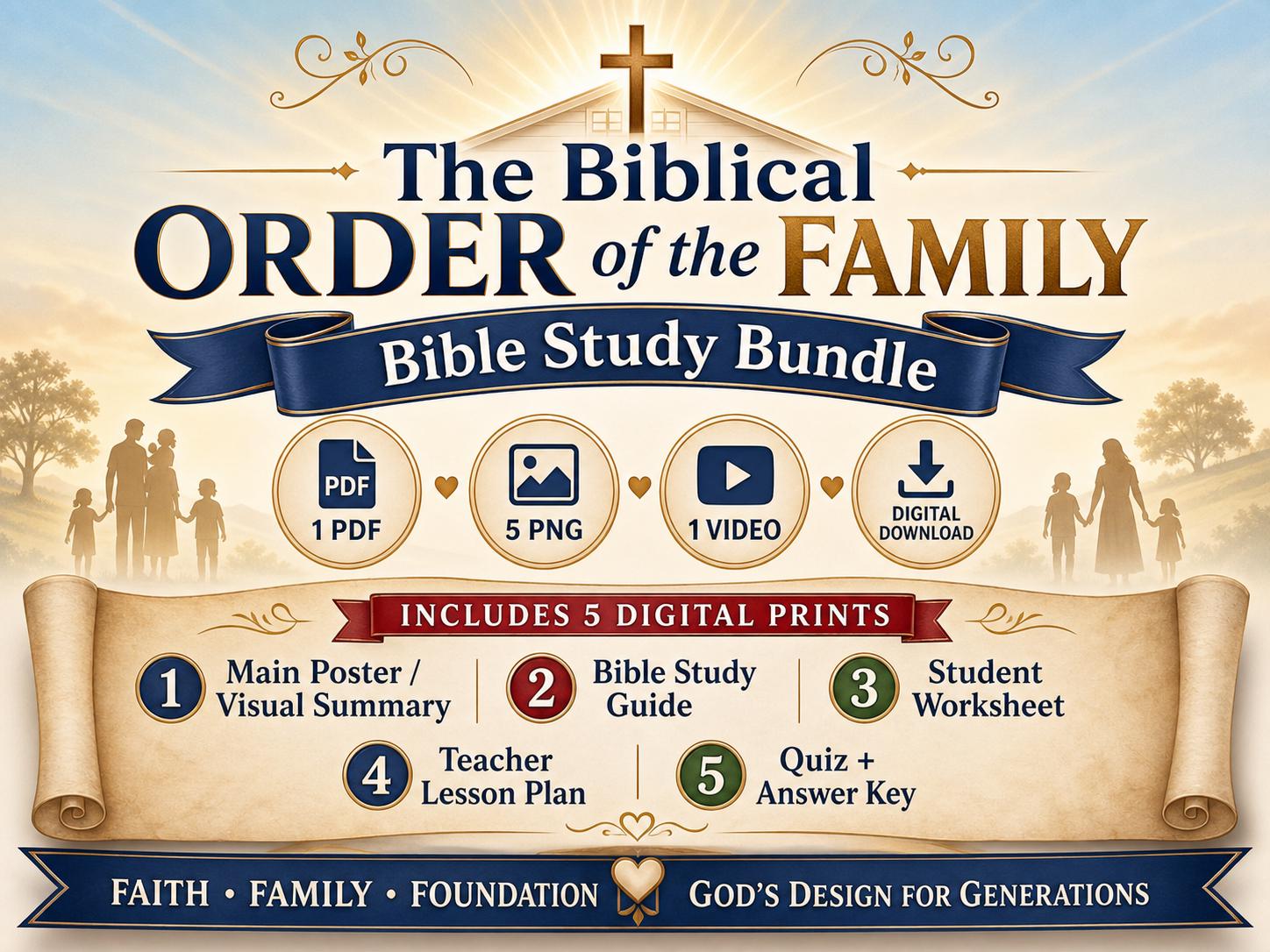 Biblical Order of the Family Bible Study Bundle, Poster, Worksheet, Teacher Lesson, Guide, Quiz (PDF, PNG and MP4 Downloads)