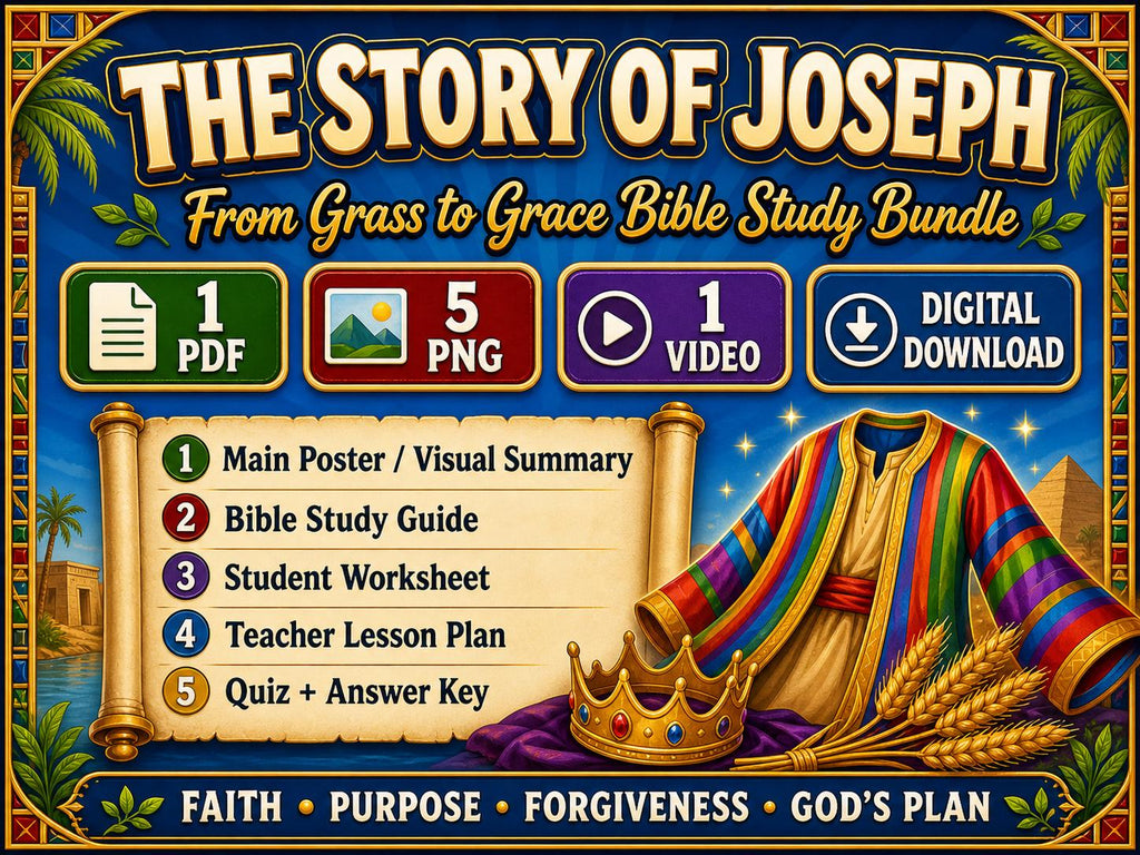 Story of Joseph Bible Study Bundle, Poster, Worksheet, Teacher Lesson, Guide, Quiz (PDF, PNG and MP4 Downloads)
