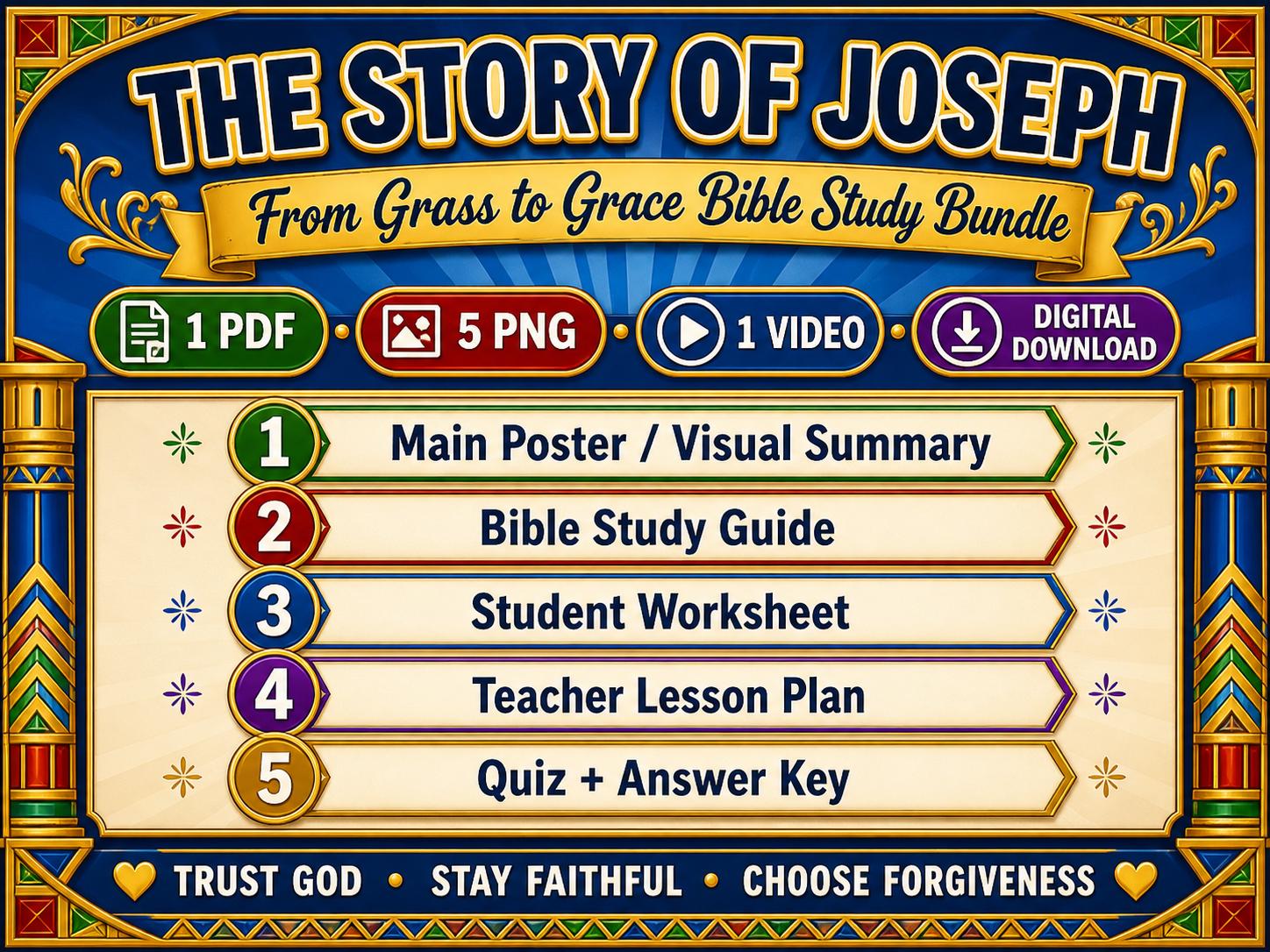 Story of Joseph Bible Study Bundle, Poster, Worksheet, Teacher Lesson, Guide, Quiz (PDF, PNG and MP4 Downloads)