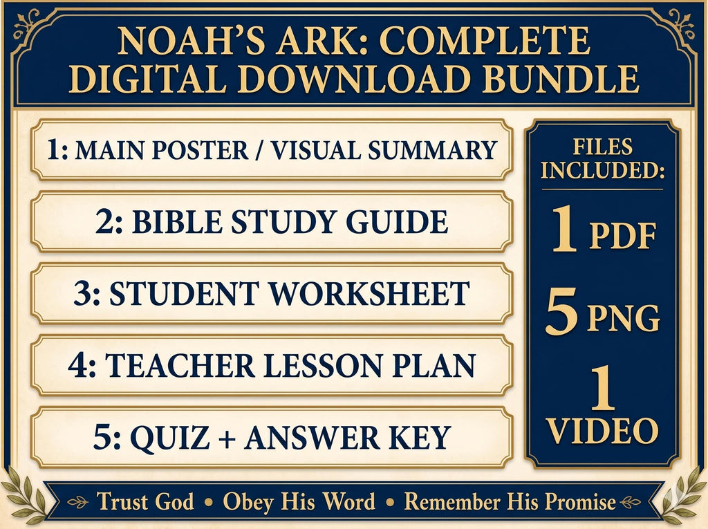 Noah's Ark Bible Study Bundle, Poster, Lesson, Guide, worksheet, Quiz (PDF, PNG, MP4 Downloads)