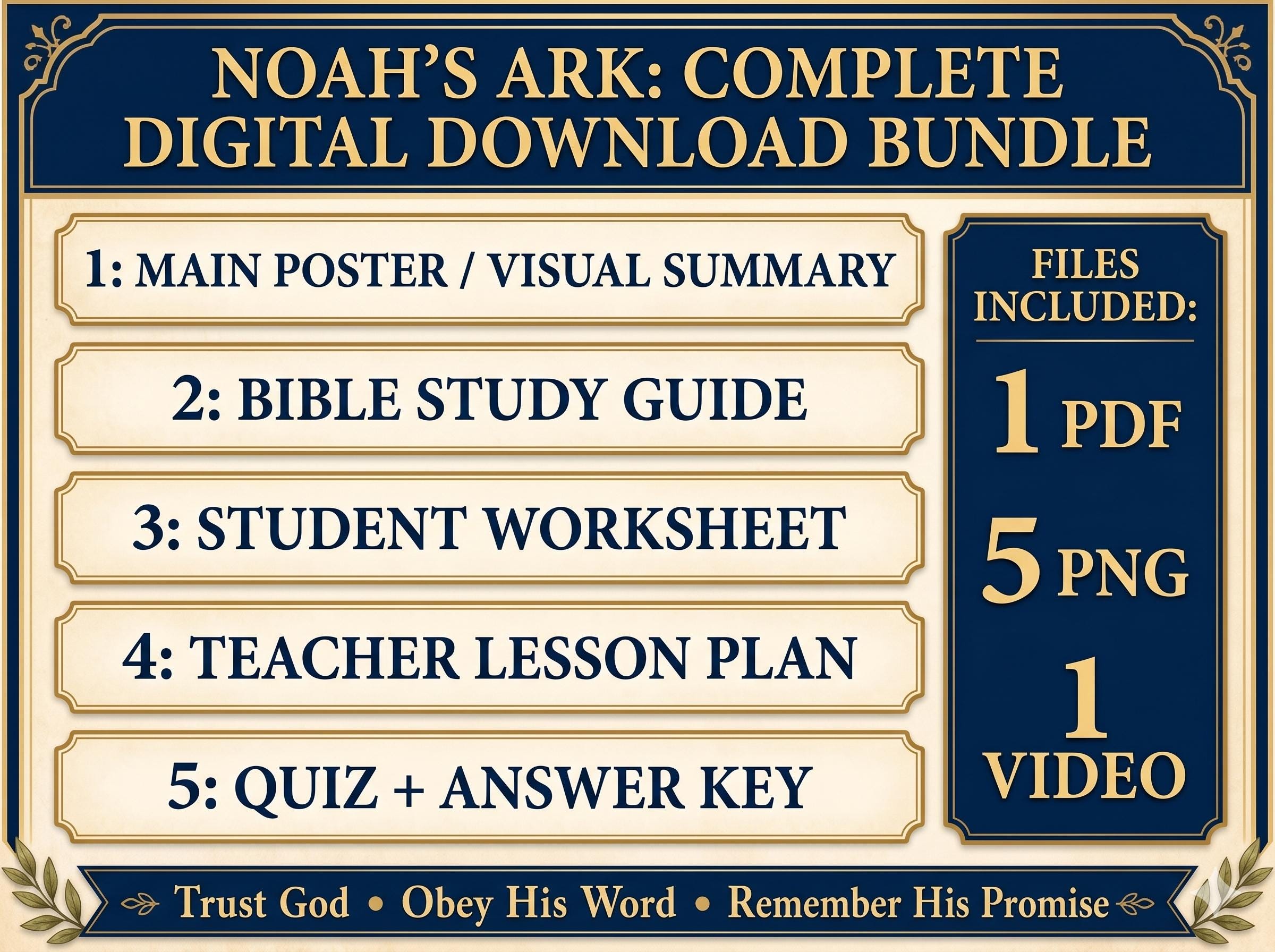 Noah's Ark Bible Study Bundle, Poster, Lesson, Guide, worksheet, Quiz (PDF, PNG, MP4 Downloads)
