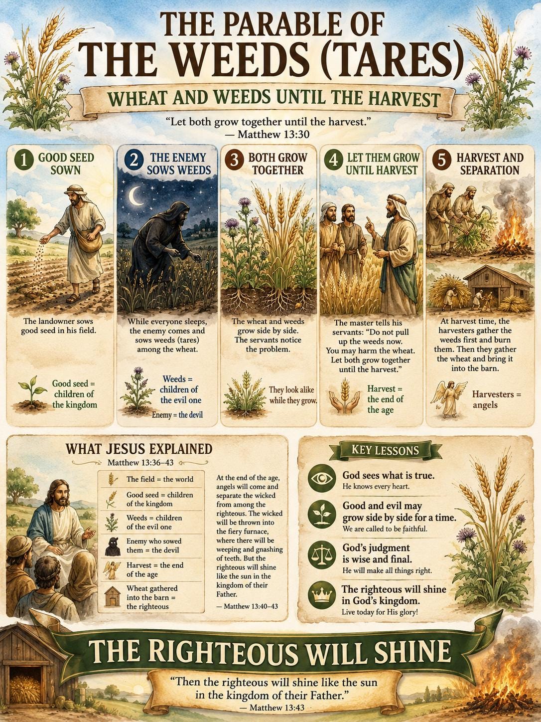 The Parable of the Weeds Bible Study Bundle, Wheat and Tares Poster, Worksheet, Teacher Lesson, Guide, Quiz, (PDF, PNG and MP4 Downloads)