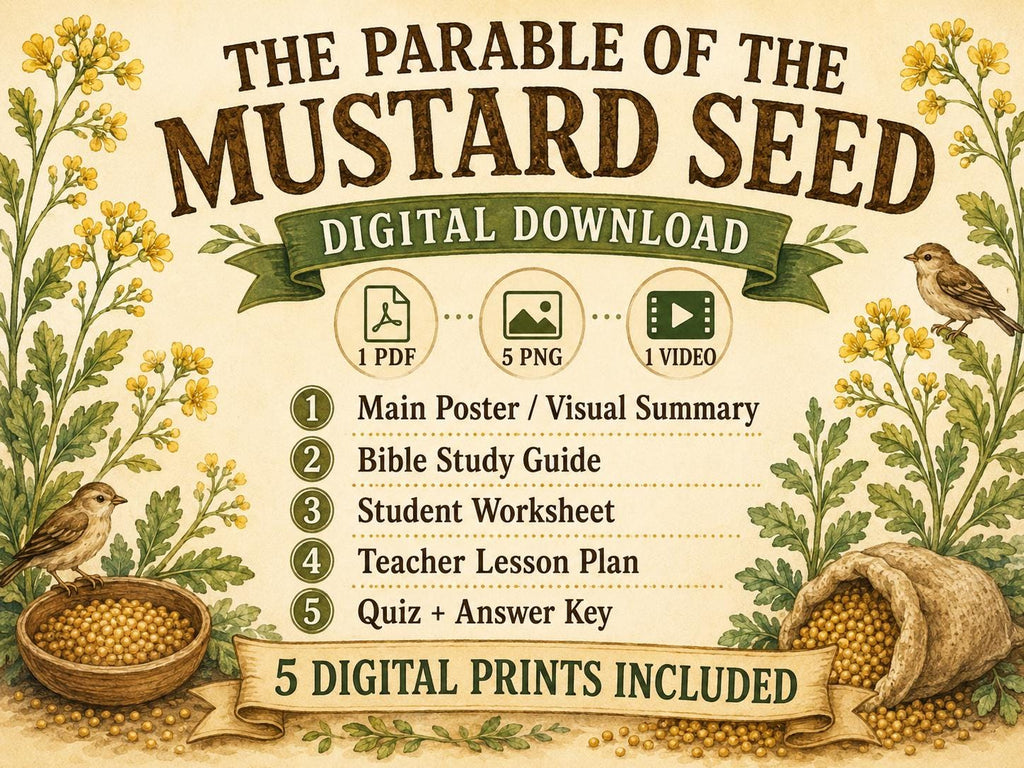 The Parable of the Mustard Seed Bible Study, Poster, Worksheet, Teacher Lesson, Guide, Quiz,( PDF, PNG and MP4 Downloads)