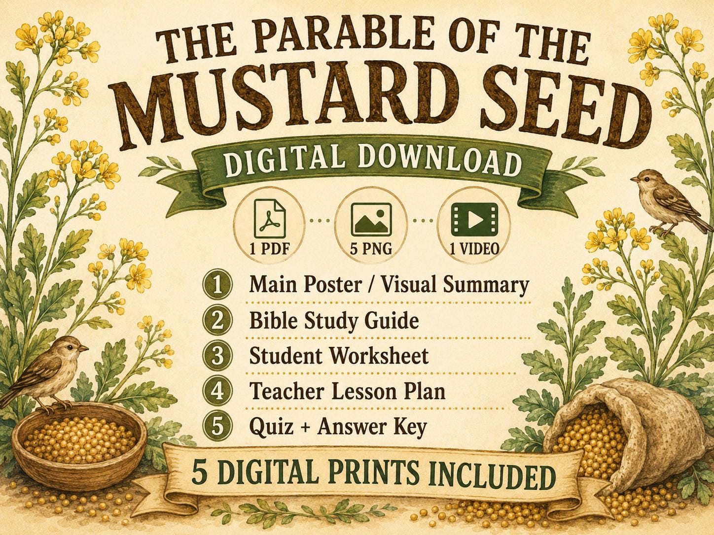 The Parable of the Mustard Seed Bible Study, Poster, Worksheet, Teacher Lesson, Guide, Quiz,( PDF, PNG and MP4 Downloads)