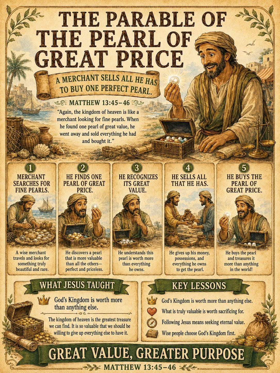 The Pearl of Great Price Bible Study Bundle, Parable Poster, Worksheet, Teacher Lesson, Guide, Quiz, (PDF, PNG and MP4 Downloads)