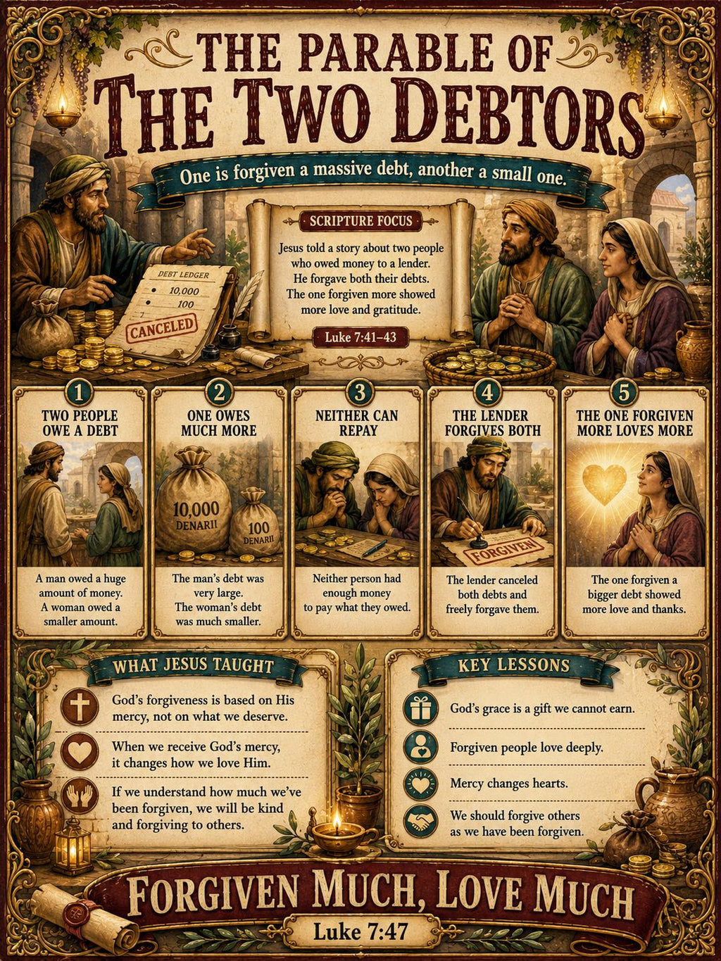 The Two Debtors Bible Study Bundle, Parable Poster, Worksheet, Teacher Lesson, Guide, Quiz, (PDF, PNG and MP4 Downloads)