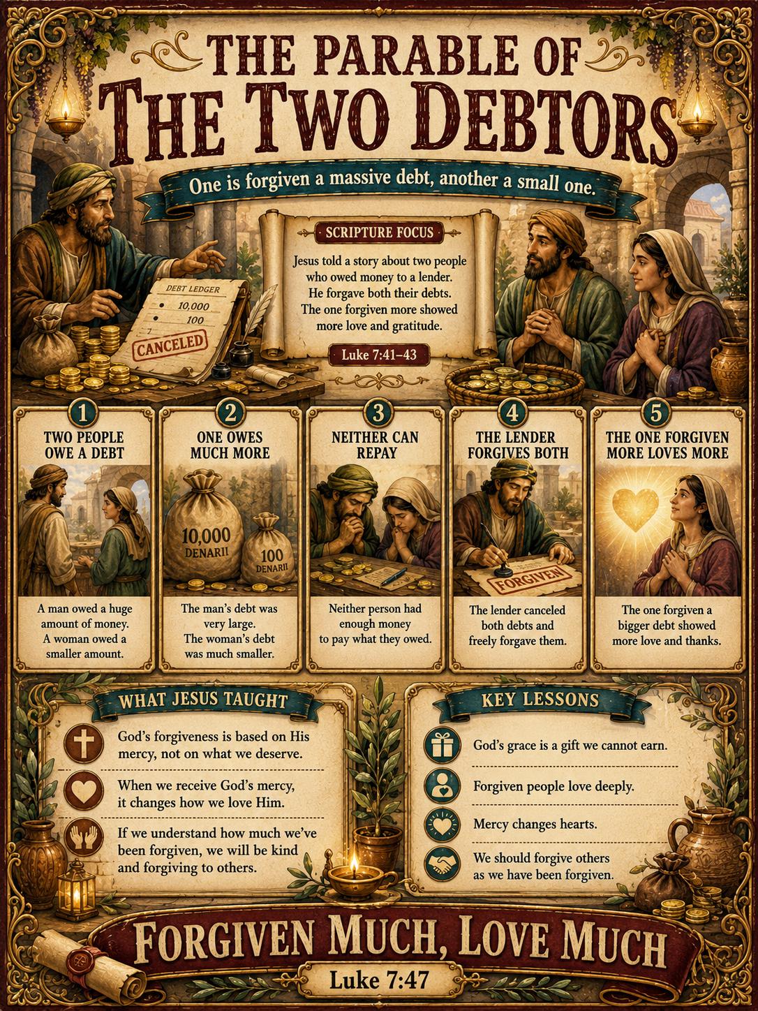 The Two Debtors Bible Study Bundle, Parable Poster, Worksheet, Teacher Lesson, Guide, Quiz, (PDF, PNG and MP4 Downloads)