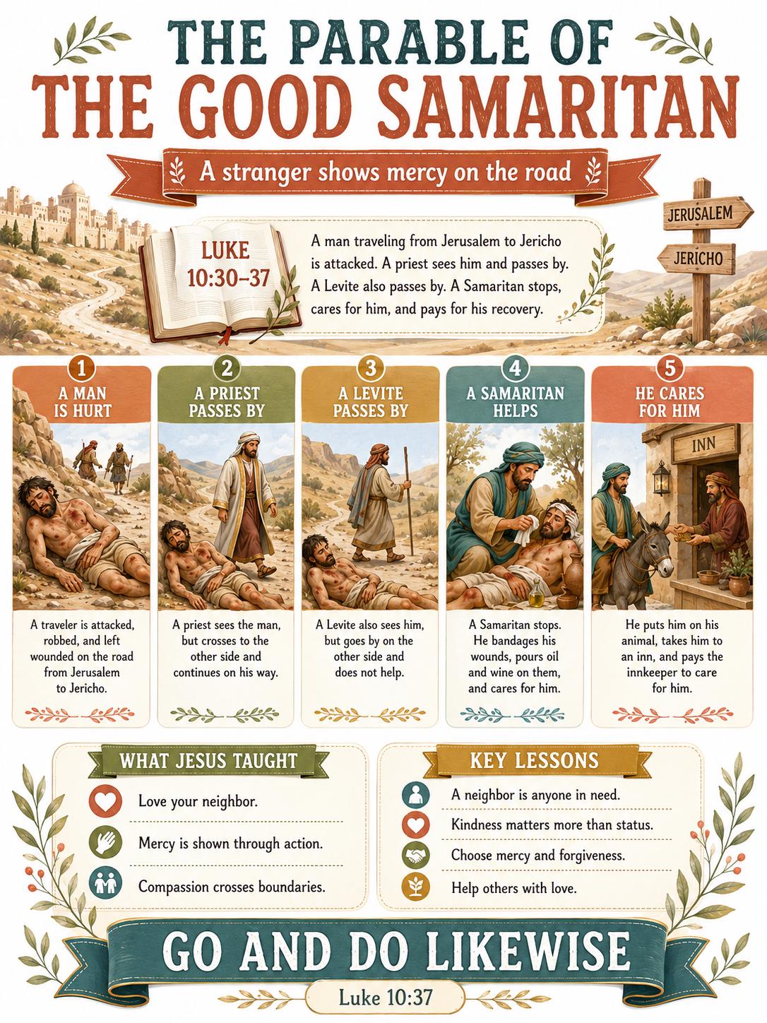The Good Samaritan Bible Study Bundle, Parable Poster, Worksheet, Teacher Lesson, Guide, Quiz, (PDF, PNG and MP4 Downloads)