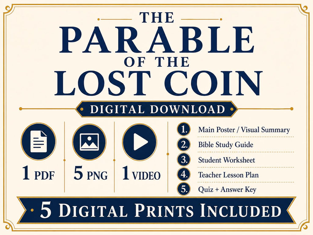The Lost Coin Bible Study Bundle, Parable Poster, Worksheet, Teacher Lesson, Guide, Quiz, (PDF, PNG and MP4 Downloads)
