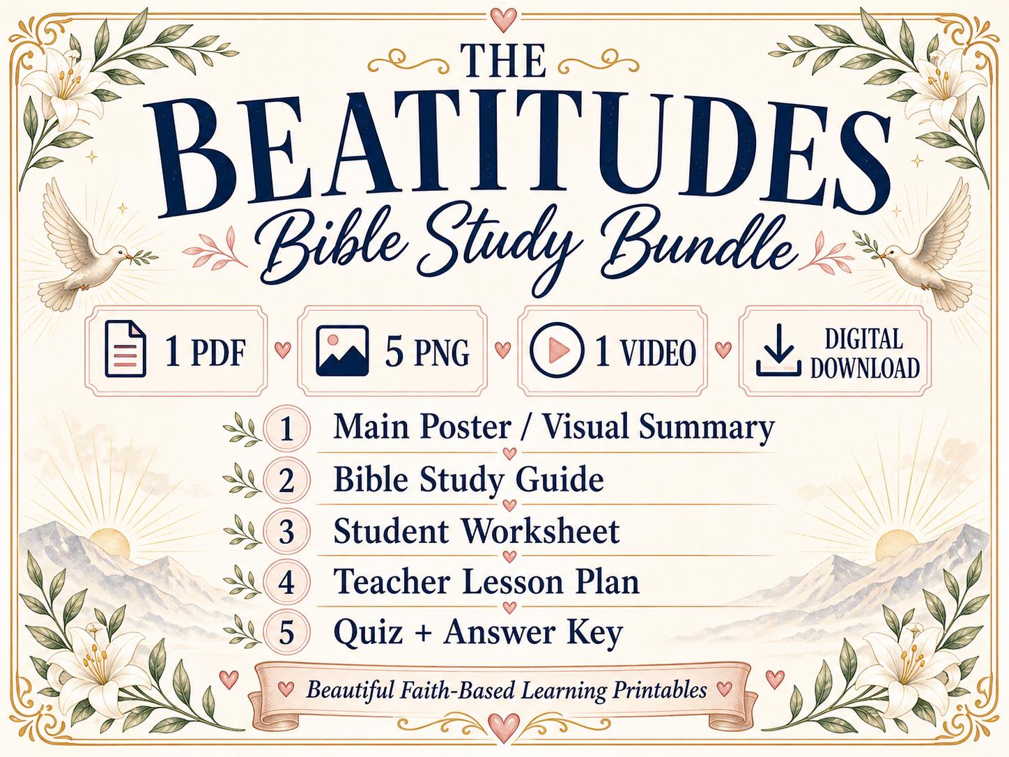 Beatitudes Bible Study Bundle, Poster, Guide, Worksheet (PDF, PNG, MP4 Downloads)