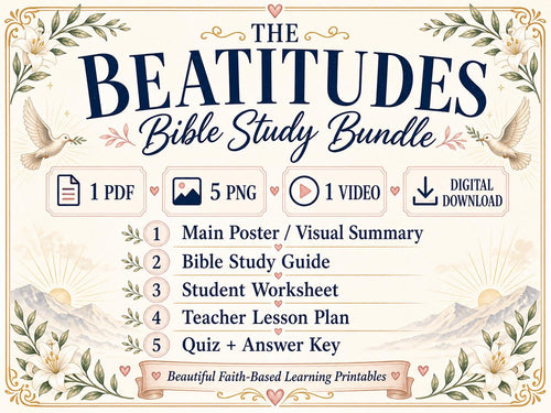 Beatitudes Bible Study Bundle, Poster, Guide, Worksheet (PDF, PNG, MP4 Downloads)