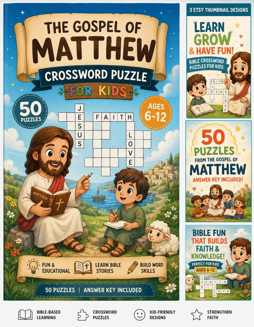 Book of Matthew Crossword Puzzle for Kids, 50 PDF Downloads, Questions and Answers Included