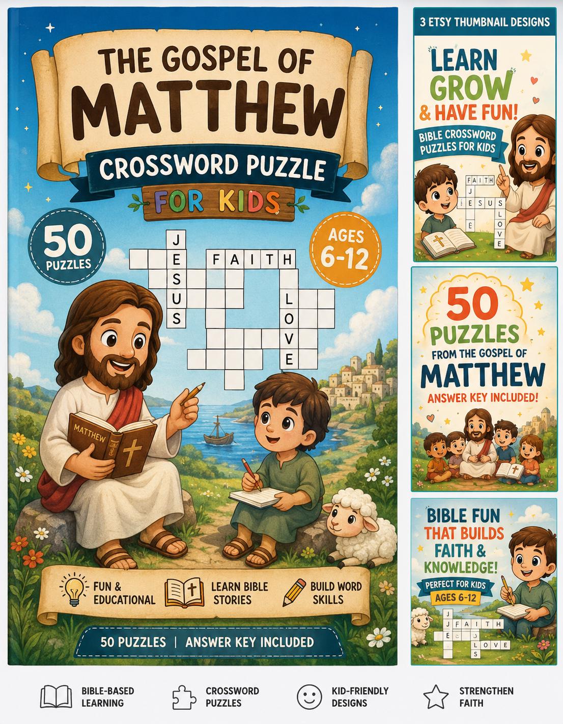Book of Matthew Crossword Puzzle for Kids, 50 PDF Downloads, Questions and Answers Included