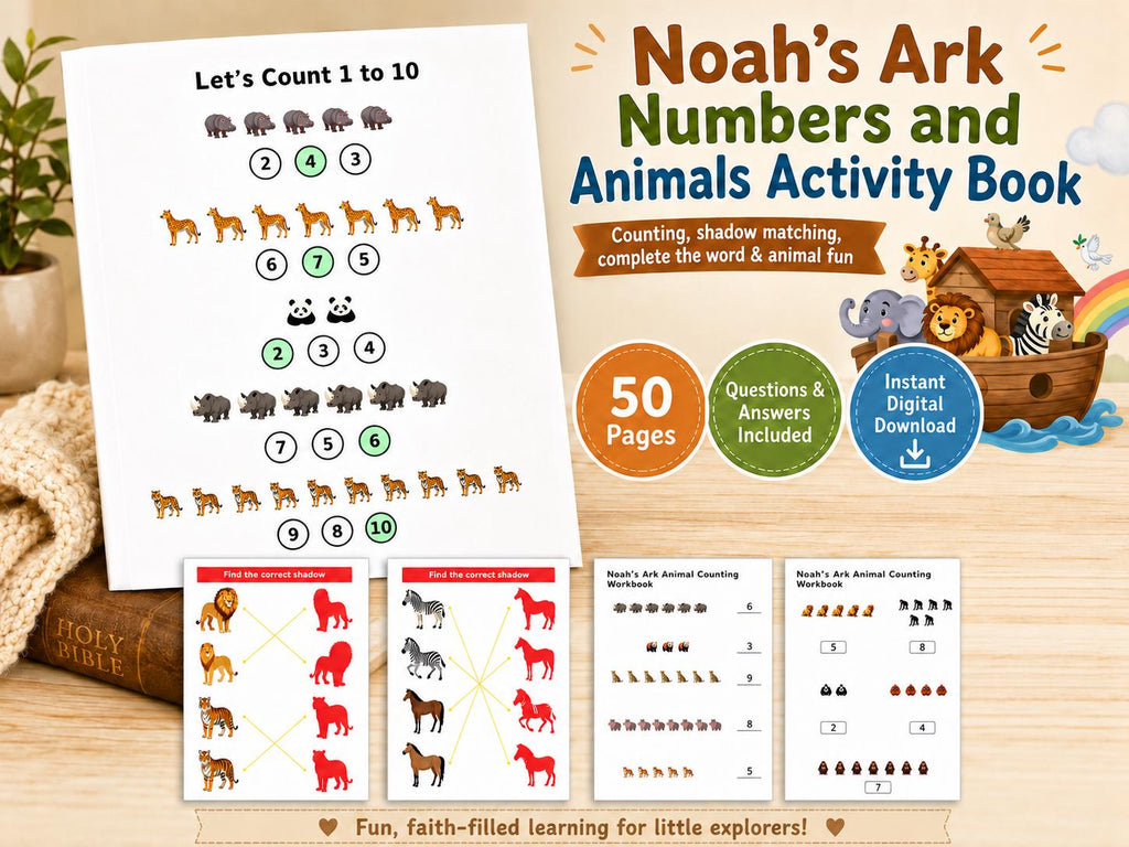 Noah’s Ark Numbers and Animals Activity Book for Kids, (50 PDF Downloads. Questions and Answers included)