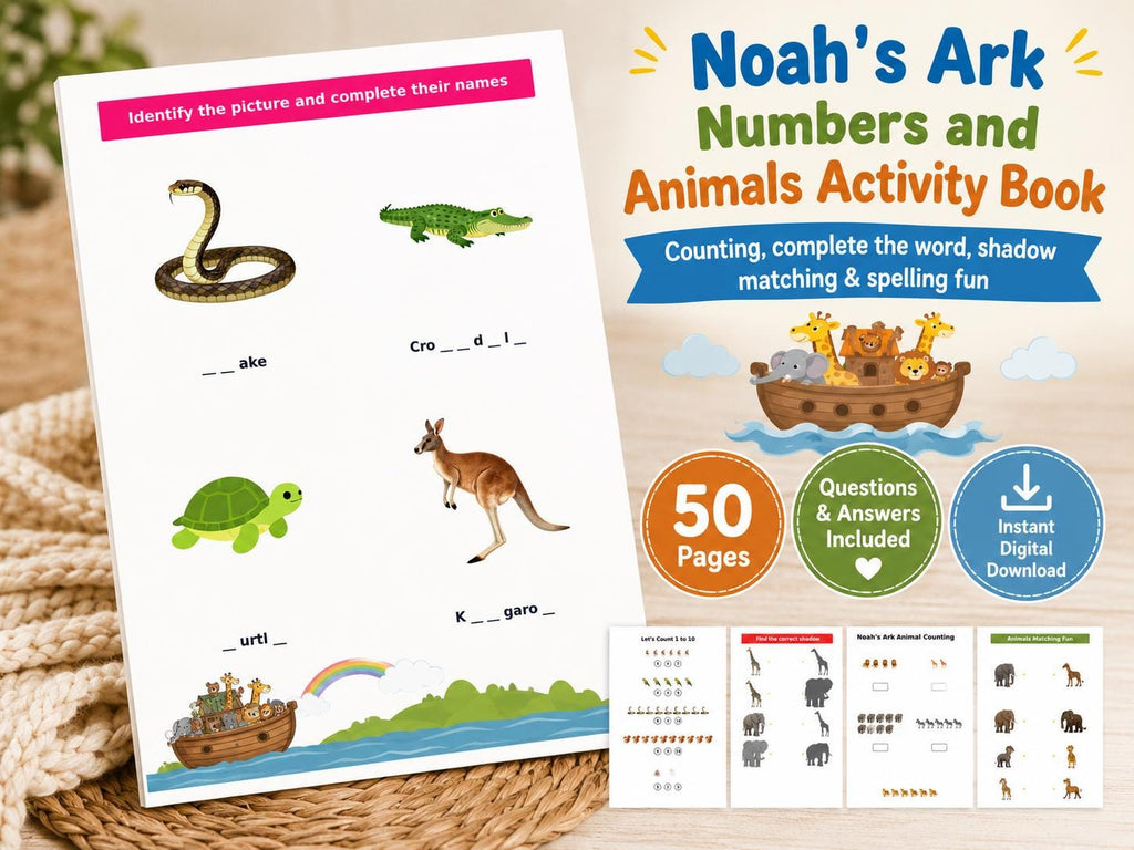Noah’s Ark Numbers and Animals Activity Book for Kids, (50 PDF Downloads. Questions and Answers included)