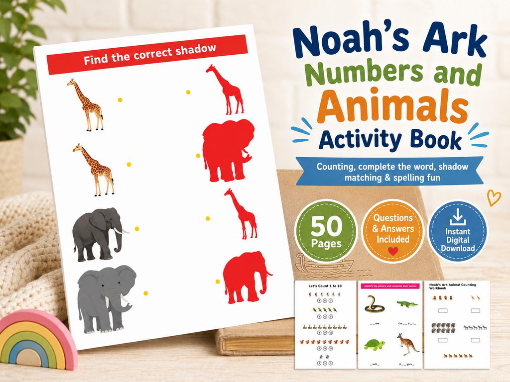Noah’s Ark Numbers and Animals Activity Book for Kids, (50 PDF Downloads. Questions and Answers included)