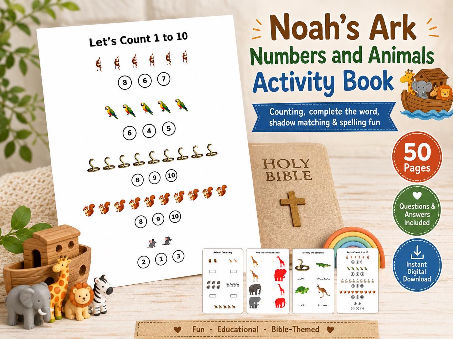 Noah’s Ark Numbers and Animals Activity Book for Kids, (50 PDF Downloads. Questions and Answers included)
