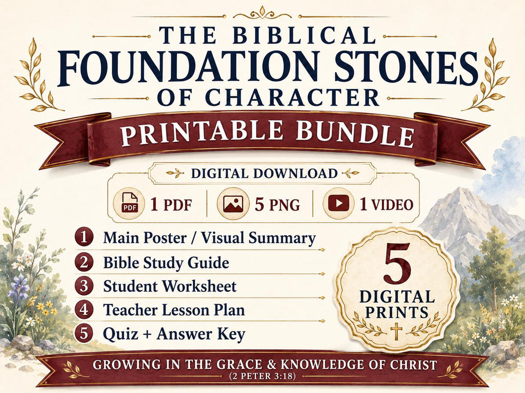 Biblical Foundation Stones of Character Bible Study Bundle, Christian Poster, Worksheet, Teacher Lesson, Guide, Quiz, PDF, PNG and MP4