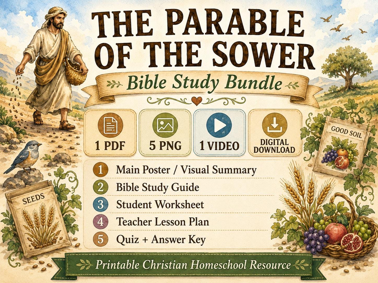Parable of the Sower Bible Study Bundle, Poster, Worksheet, Teacher Lesson, Guide, Quiz (PDF, PNG and MP4 Downloads)
