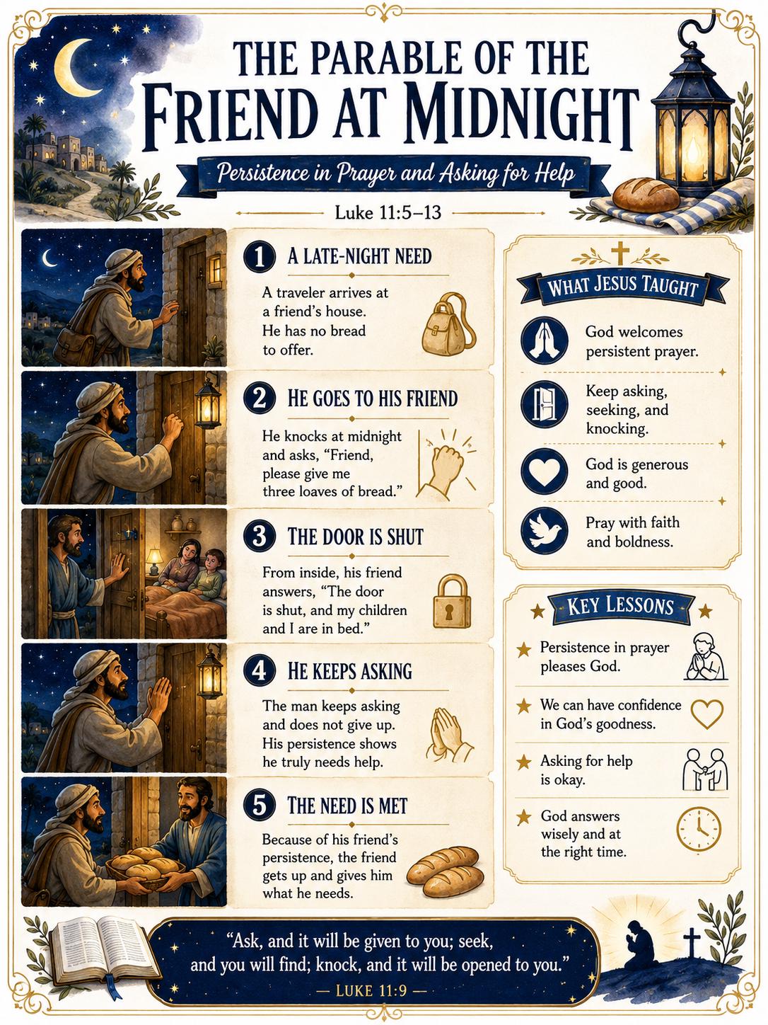Friend at Midnight Bible Study Bundle, Parable Poster, Student Worksheet, Teacher Lesson, Guide, Quiz, PDF, PNG and MP4