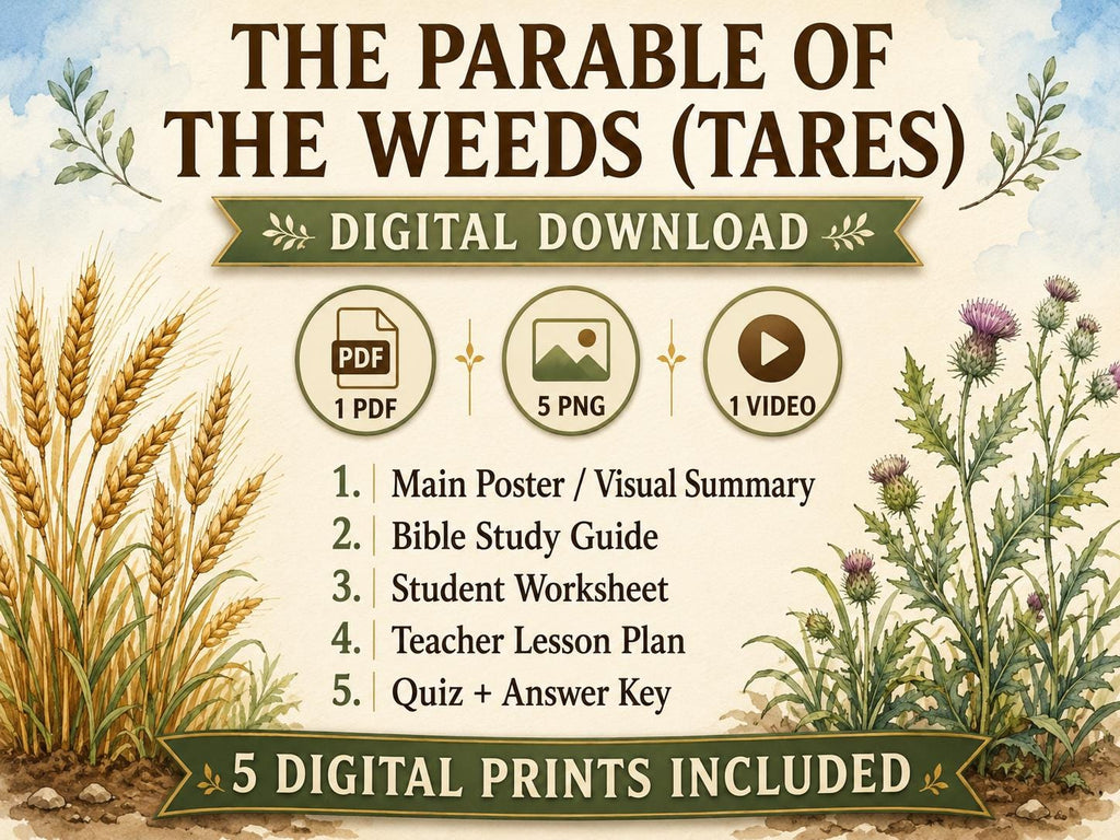 The Parable of the Weeds Bible Study Bundle, Wheat and Tares Poster, Worksheet, Teacher Lesson, Guide, Quiz, (PDF, PNG and MP4 Downloads)