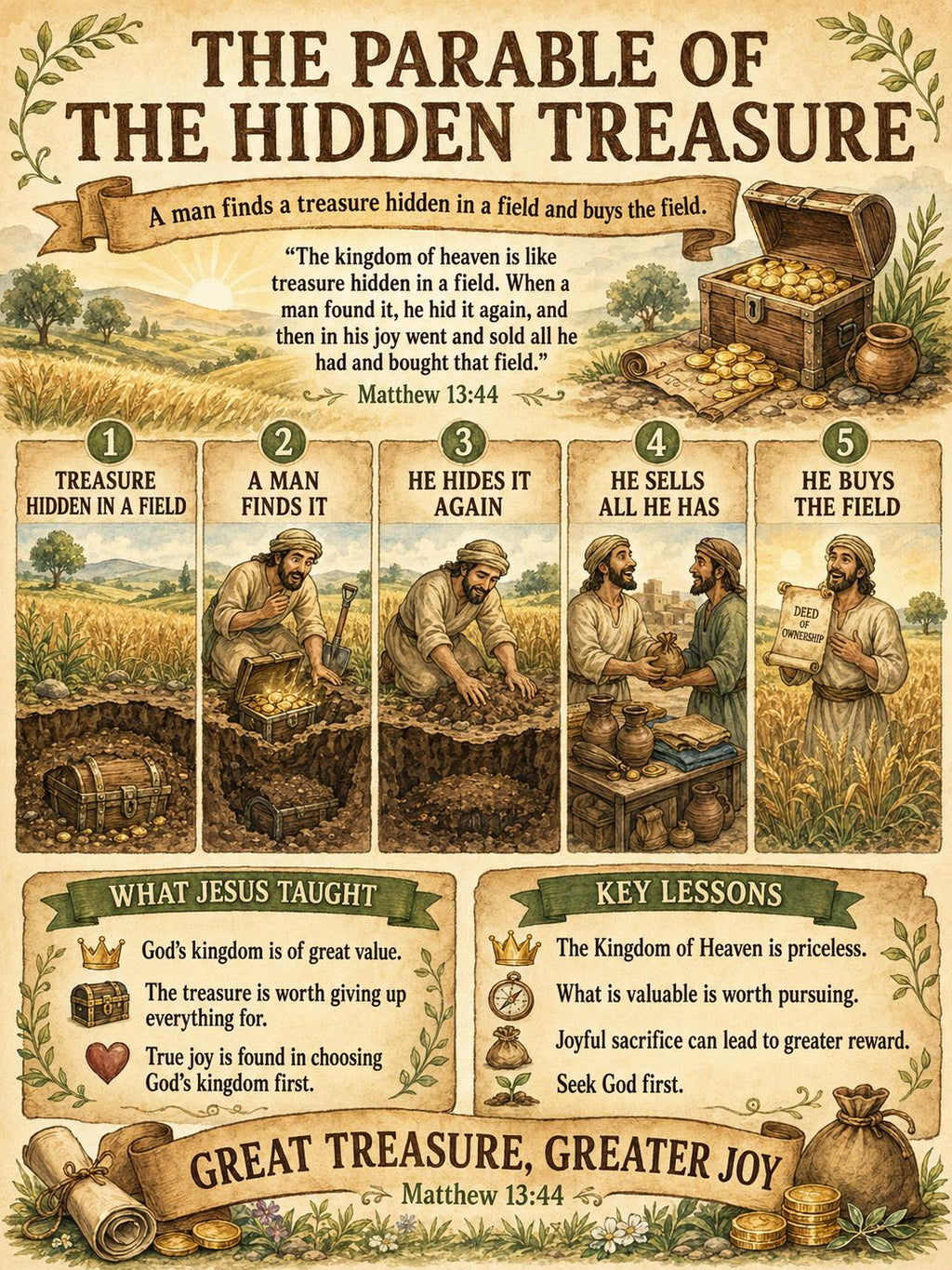 The Parable of the Hidden Treasure Bible Study, Poster, Worksheet, Teacher Lesson, Guide, Quiz, (PDF, PNG and MP4 Downloads)