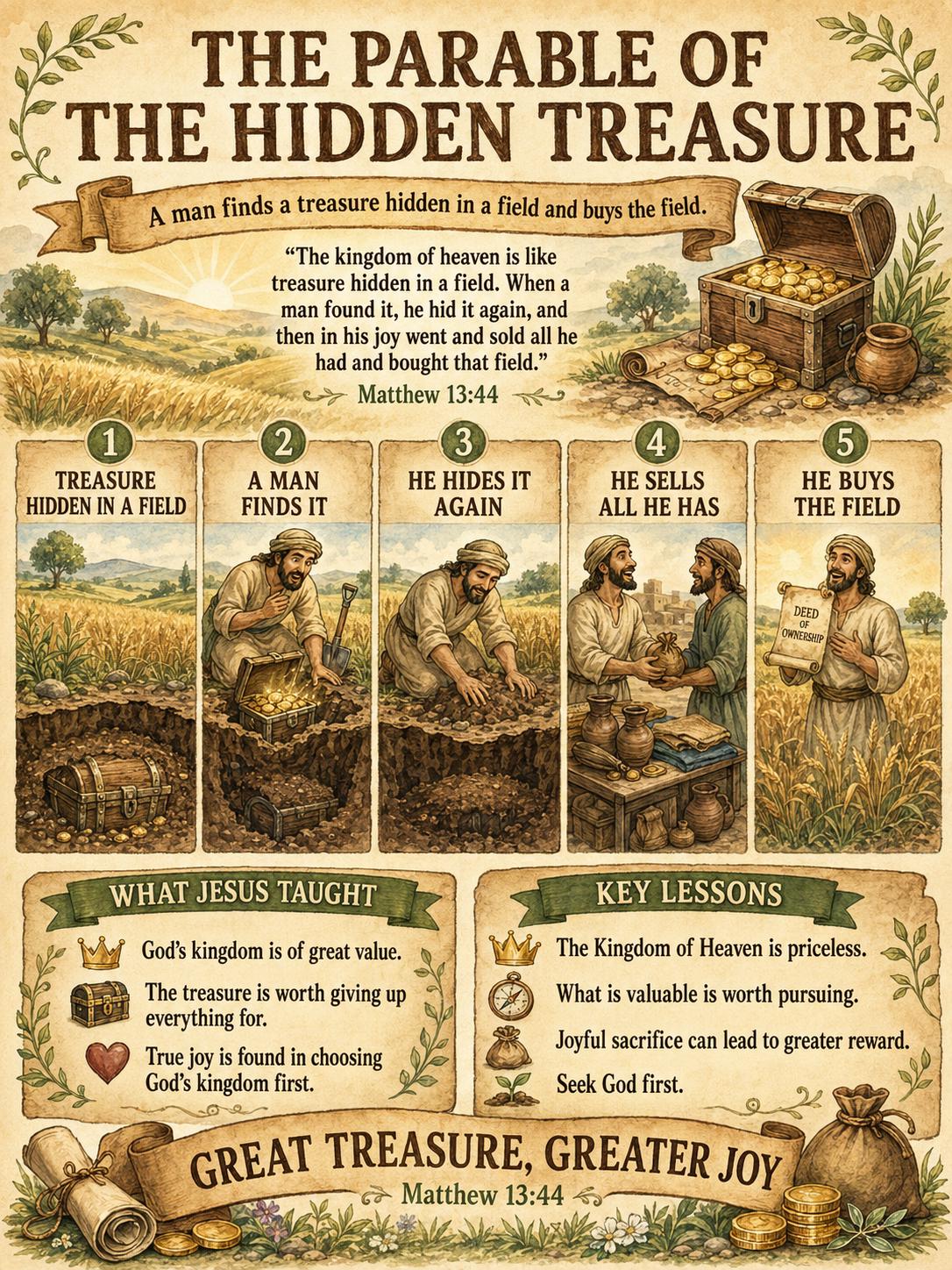 The Parable of the Hidden Treasure Bible Study, Poster, Worksheet, Teacher Lesson, Guide, Quiz, (PDF, PNG and MP4 Downloads)