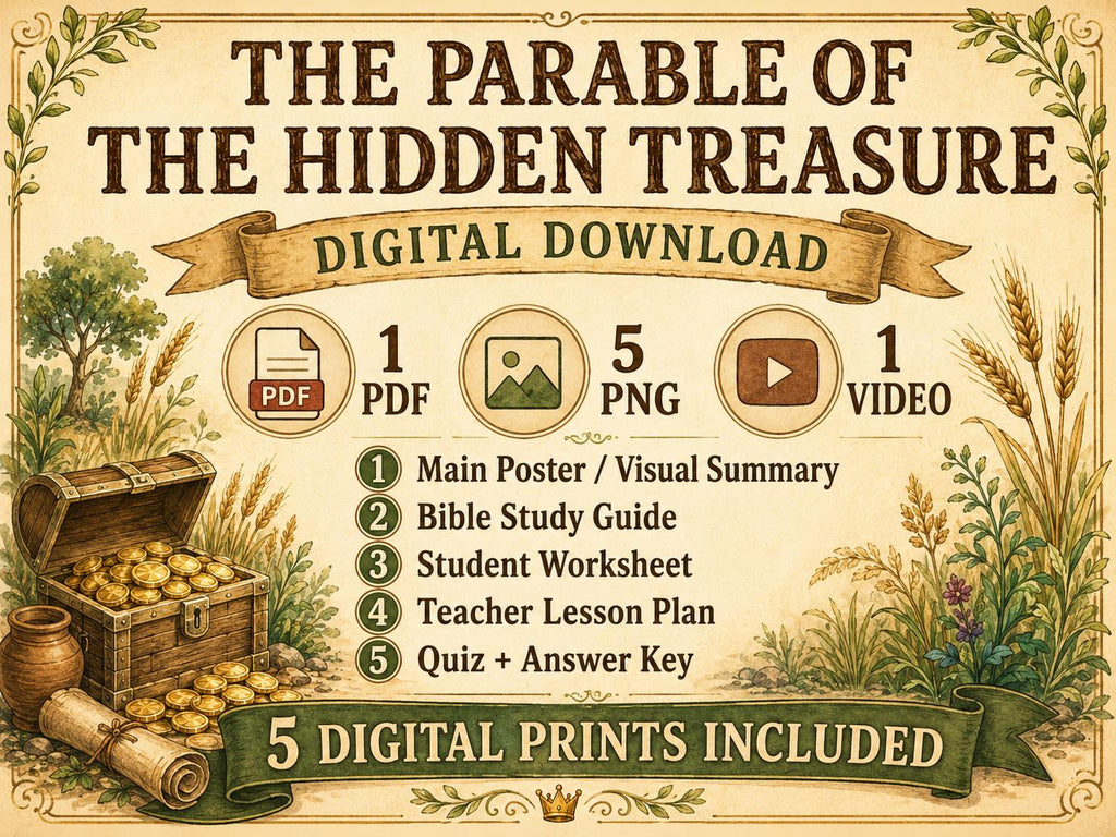 The Parable of the Hidden Treasure Bible Study, Poster, Worksheet, Teacher Lesson, Guide, Quiz, (PDF, PNG and MP4 Downloads)