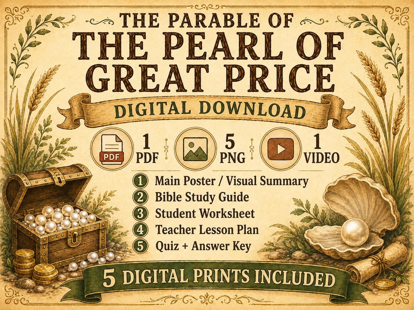 The Pearl of Great Price Bible Study Bundle, Parable Poster, Worksheet, Teacher Lesson, Guide, Quiz, (PDF, PNG and MP4 Downloads)
