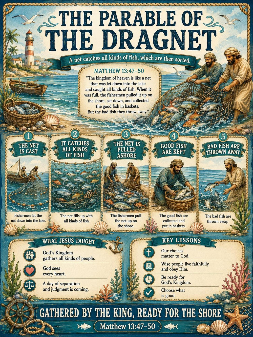 The Parable of the Dragnet Bible Study Bundle, Poster, Worksheet, Teacher Lesson, Guide, Quiz, (PDF, PNG and MP4 Downloads)
