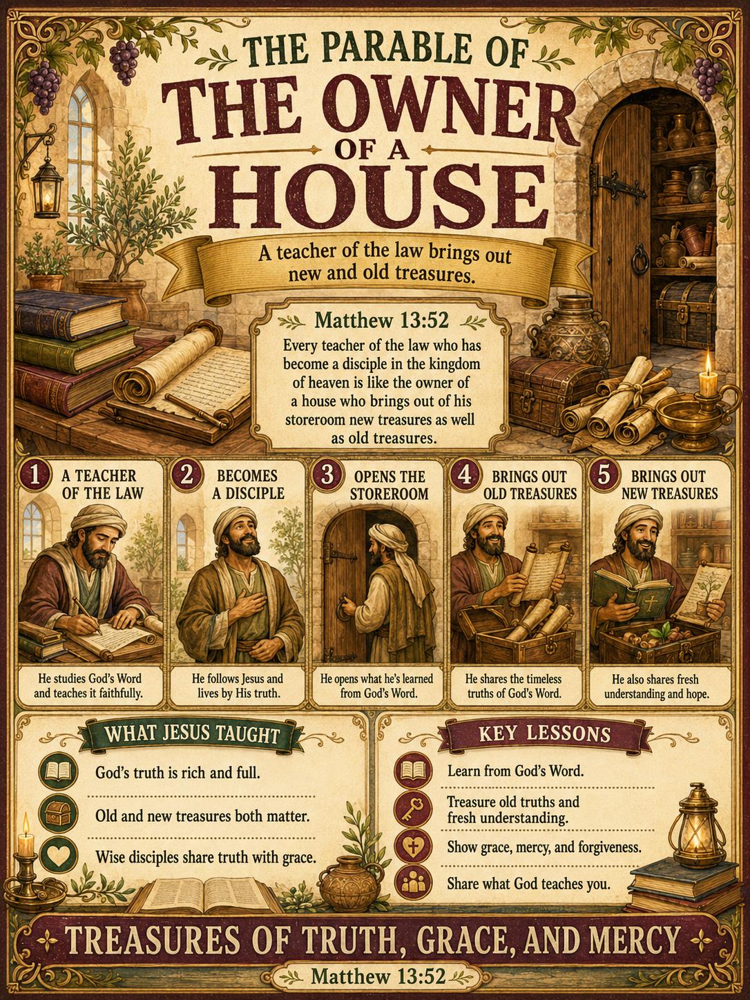 The Owner of a House Bible Study Bundle, Parable Poster, Worksheet, Teacher Lesson, Guide, Quiz, (PDF, PNG and MP4 Downloads)