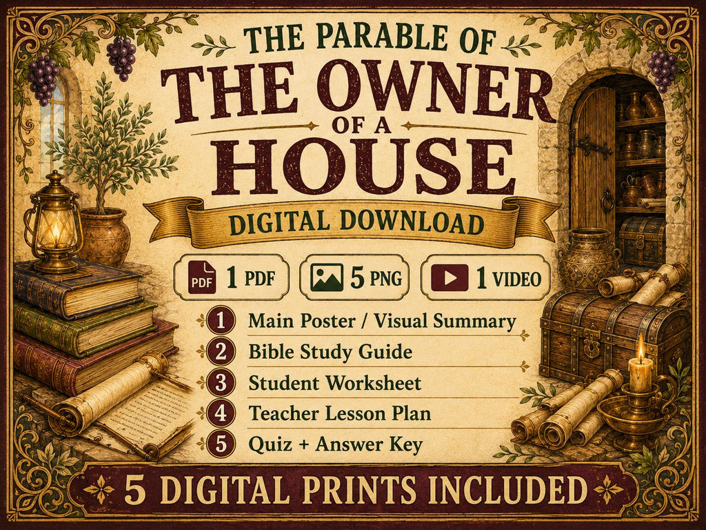 The Owner of a House Bible Study Bundle, Parable Poster, Worksheet, Teacher Lesson, Guide, Quiz, (PDF, PNG and MP4 Downloads)