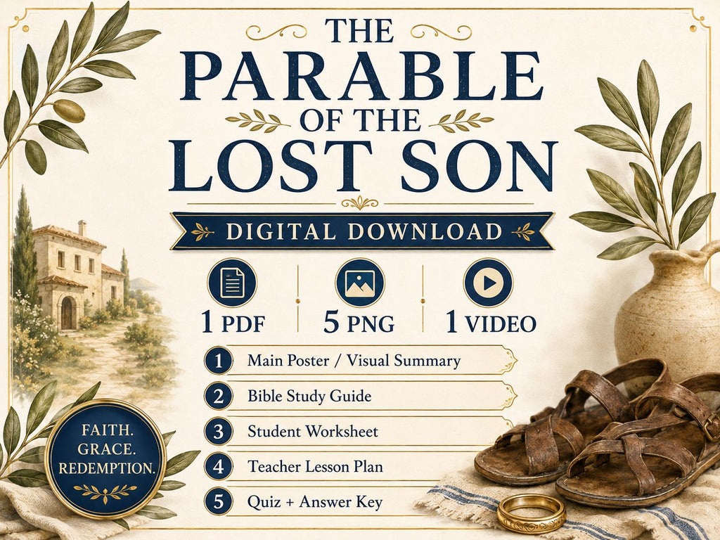The Lost(Prodigal) Son Bible Study Bundle, Prodigal Son Parable Poster, Worksheet, Teacher Lesson, Guide, Quiz, (PDF, PNG and MP4)