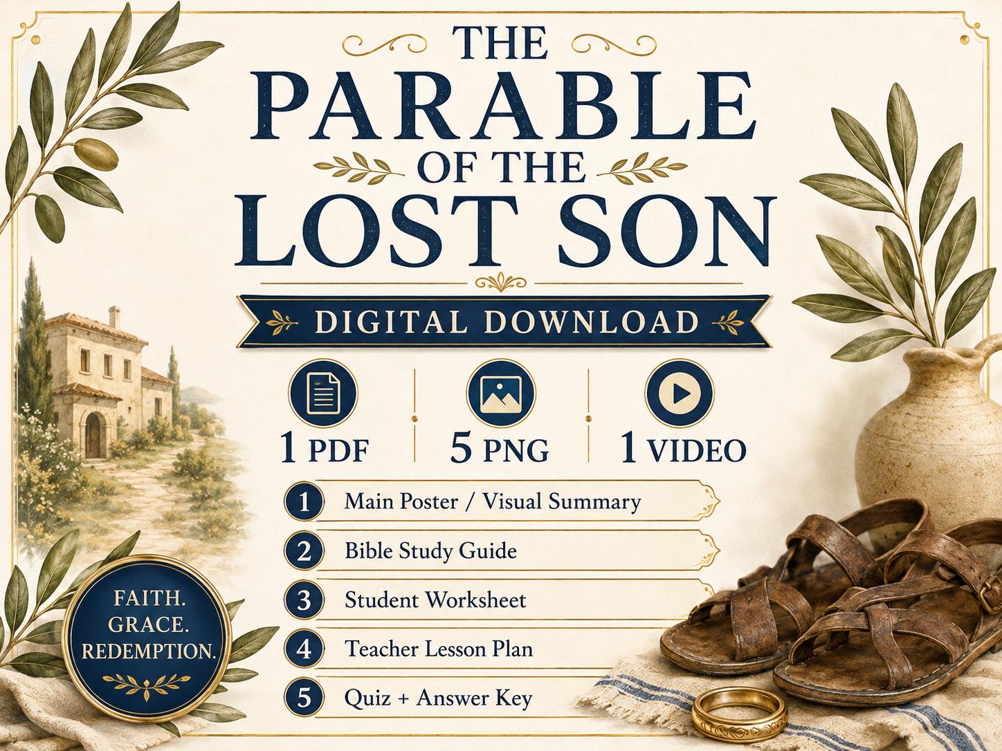 The Lost(Prodigal) Son Bible Study Bundle, Prodigal Son Parable Poster, Worksheet, Teacher Lesson, Guide, Quiz, (PDF, PNG and MP4)