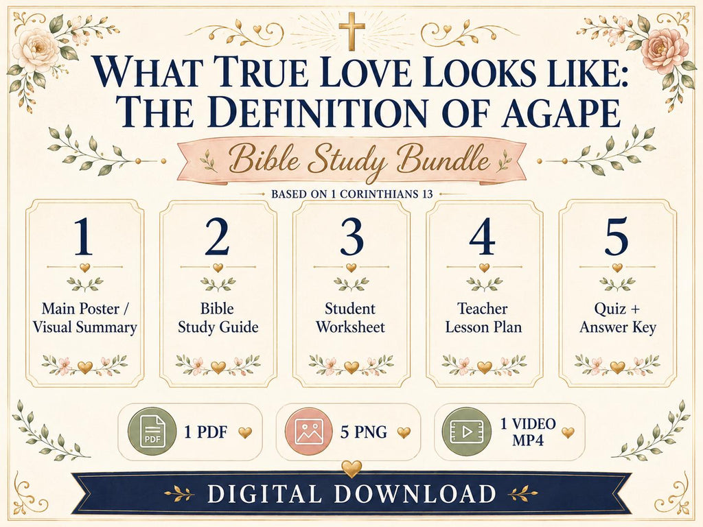 Agape Love Bible Study Bundle, 1 Corinthians 13 Poster, Worksheet, Teacher Lesson, Guide, Quiz, (PDF, PNG and MP4 Downloads)