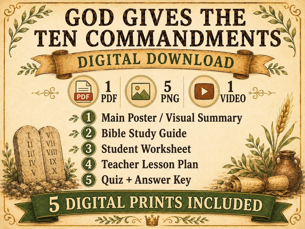 God Gives the Ten Commandments Bible Study Bundle, Exodus Poster, Worksheet, Teacher Lesson, Guide, Quiz, (PDF, PNG and MP4)