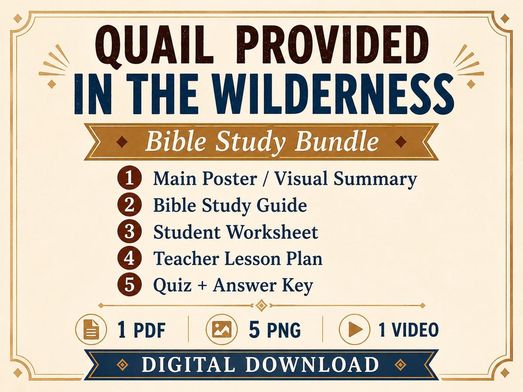 Quails Provided in the Wilderness Bible Study Bundle, Exodus Poster, Worksheet, Teacher Lesson, Guide, Quiz, (PDF, PNG and MP4)