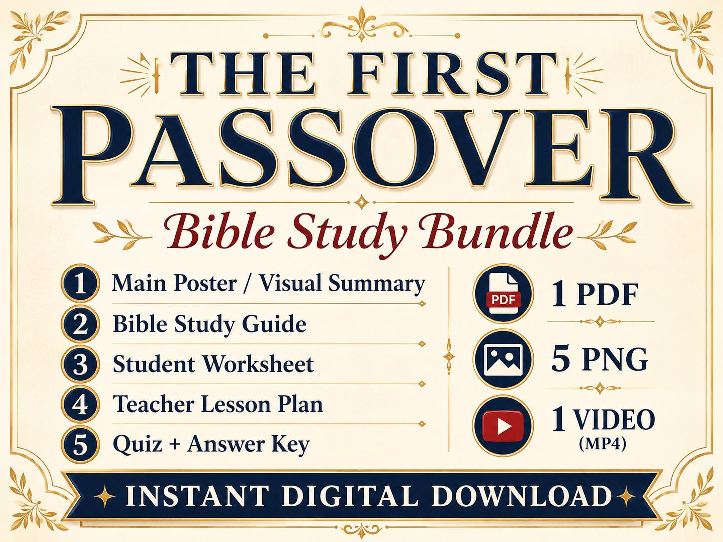 The First Passover Bible Study Bundle, Exodus Poster, Worksheet, Teacher Lesson, Guide, Quiz, (PDF, PNG and MP4)