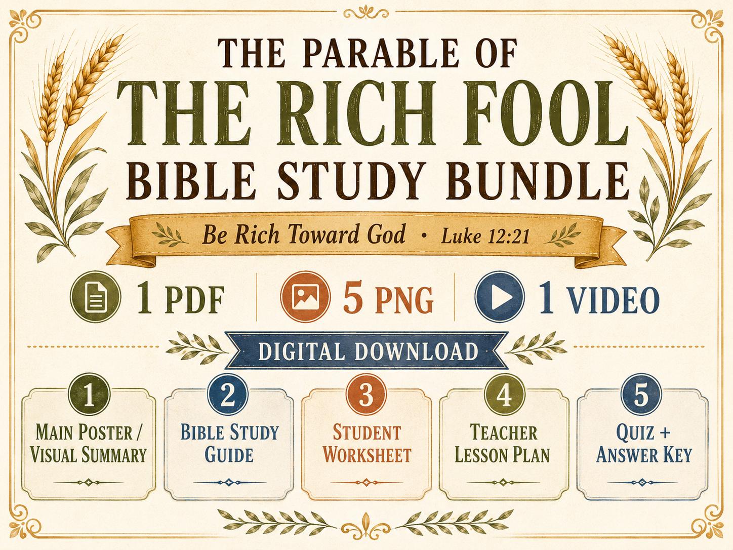 The Rich Fool Bible Study Parable Poster, Student Worksheet, Teacher Lesson, Guide, Quiz, PDF, PNG and MP4 Downloads