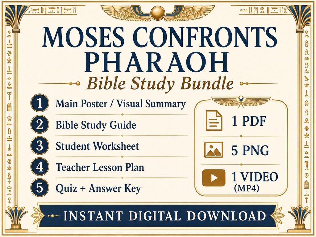 Moses Confronts Pharaoh Bible Study Bundle, Exodus Poster, Worksheet, Teacher Lesson, Guide, Quiz, (PDF, PNG and MP4)