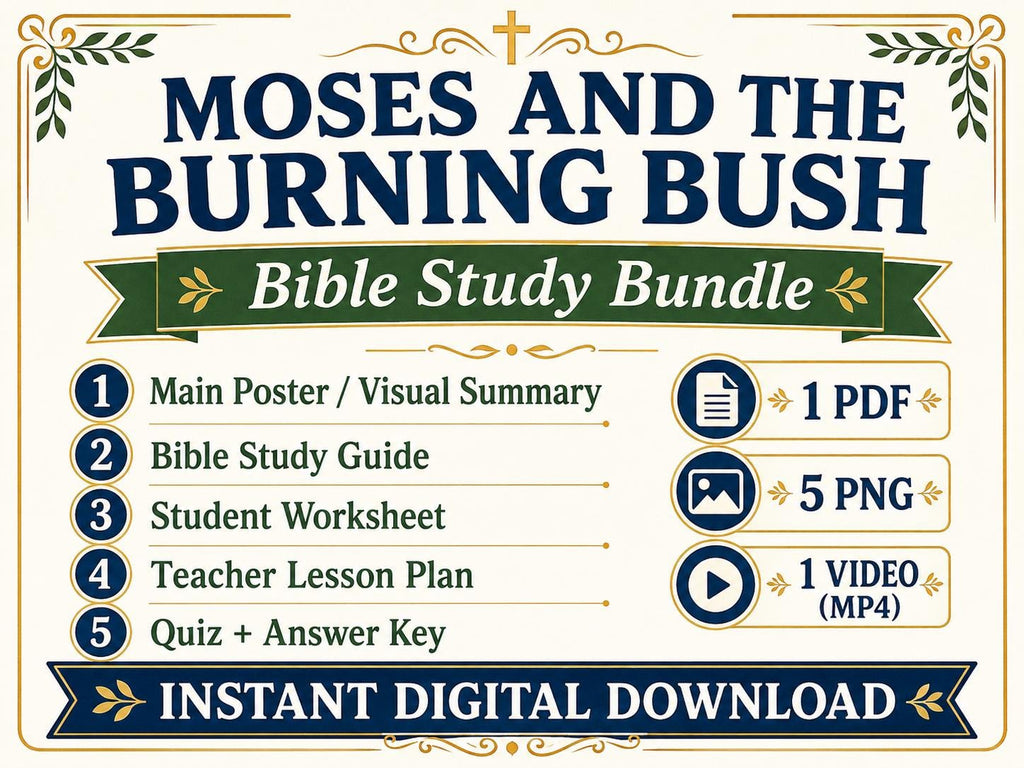 Moses and the Burning Bush Bible Study Bundle, Exodus Poster, Worksheet, Teacher Lesson, Guide, Quiz, PDF, PNG and MP4